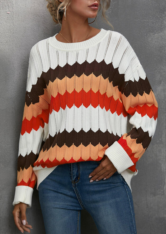 

Colorful Wavy Striped O-Neck Casual Sweater, Multicolor, 485279