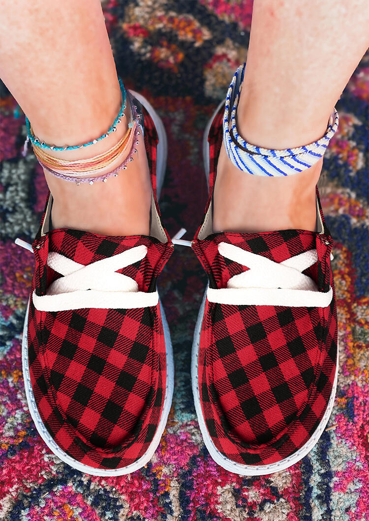 buffalo plaid lace up round toe flat sneakers