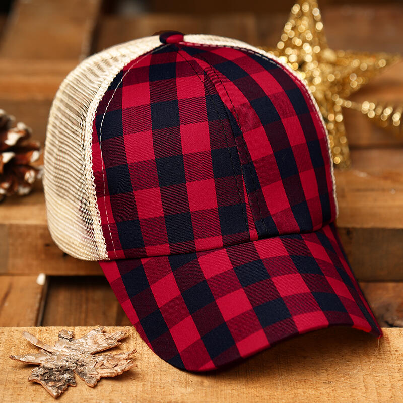 Plaid Mesh Splicing CrissCross Hollow Out Baseball Cap Bellelily