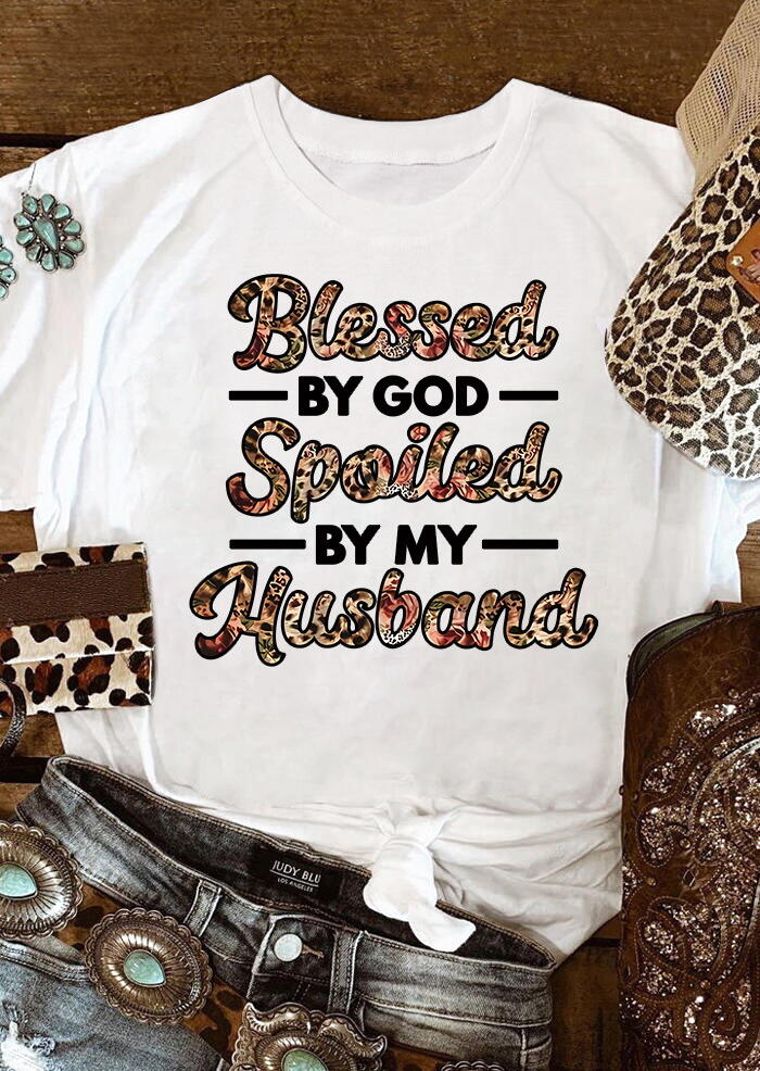 

Leopard Blessed By God Spoiled By My Husband T-Shirt Tee - White, 485425