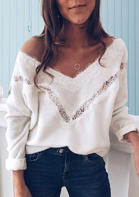 Lace Splicing Drop-Shoulder V-Neck Casual Sweater