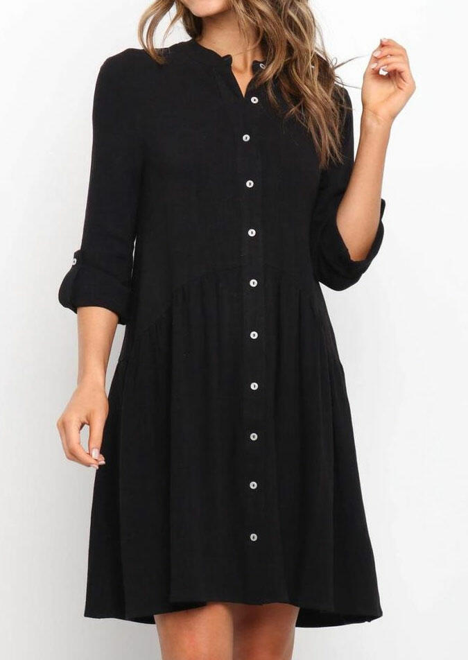 

Button Tab-Sleeve O-Neck Mini Dress - Black, 485448