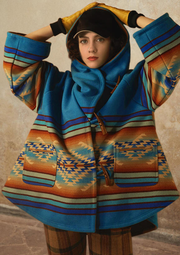 

Aztec Geometric Splicing Striped Button Pocket Hooded Coat, Multicolor, 483170