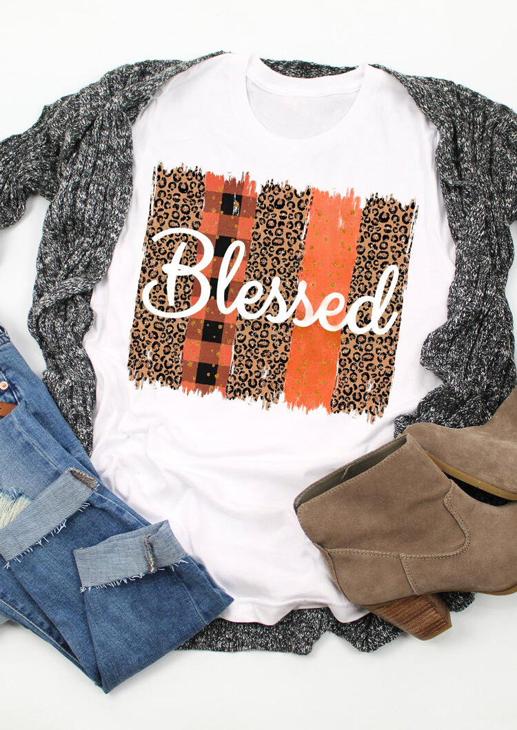 

Blessed Leopard Plaid T-Shirt Tee - White, 484431