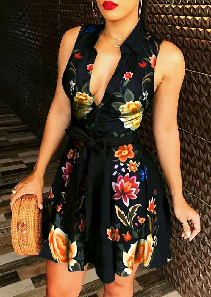 

Floral Zipper Sleeveless V-Neck Mini Dress - Black, 485354