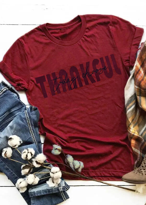 

Thankful Letter O-Neck T-Shirt Tee - Burgundy, 485443