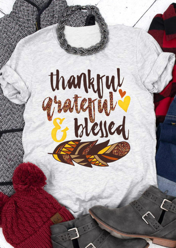 

Thankful Grateful & Blessed Feather T-Shirt Tee - Light Grey, 485450