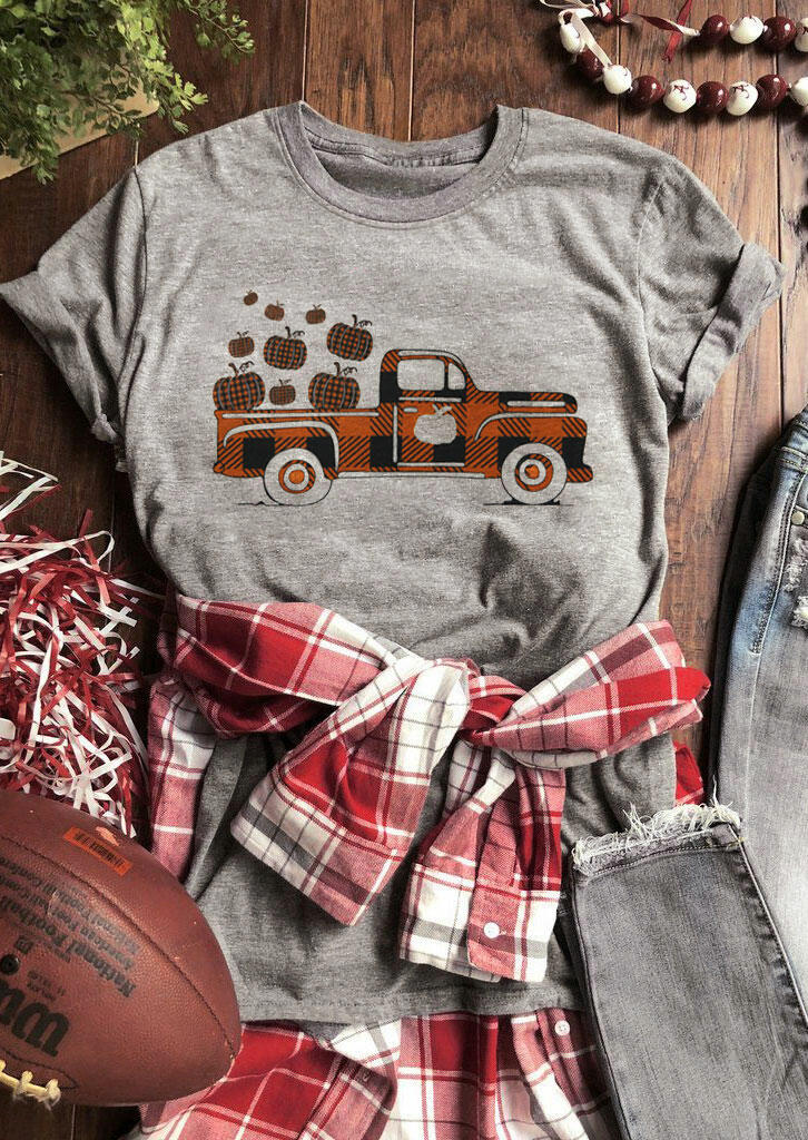 

Plaid Truck Pumpkin T-Shirt Tee - Gray, 485456