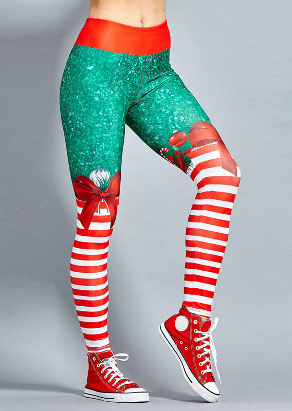 

Christmas Striped Yoga Sports Elastic Waist Leggings - Red, 485461