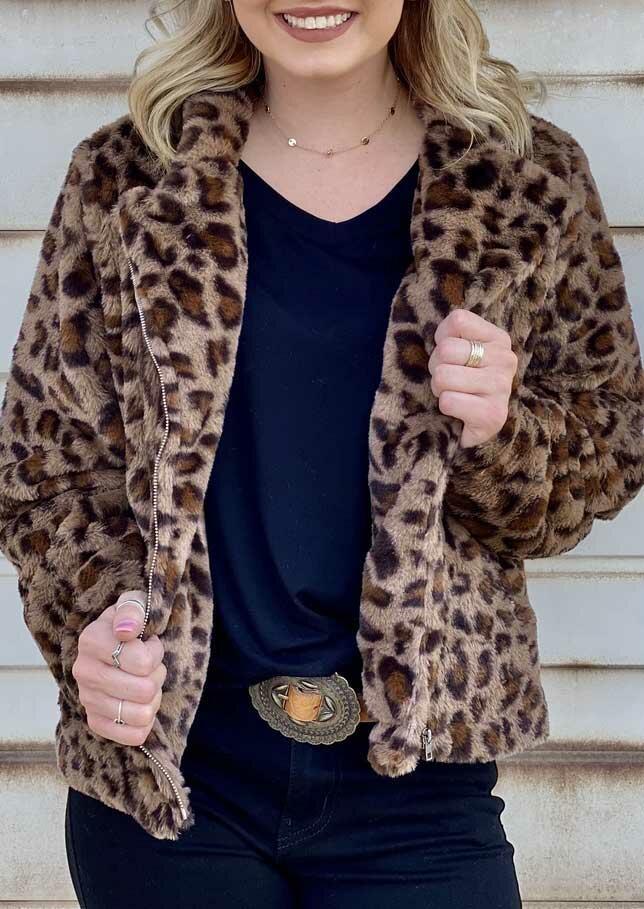 Leopard Pocket Zipper Fleece Coat