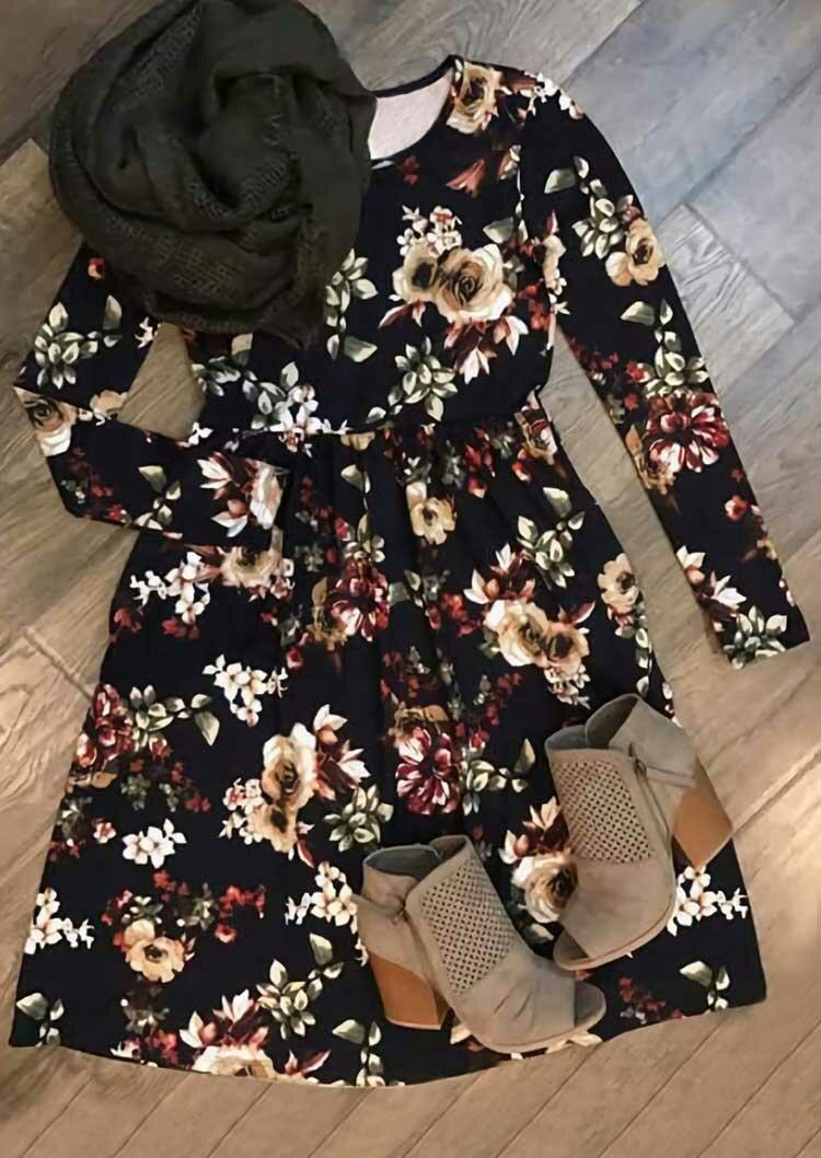

Floral Ruffled O-Neck Long Sleeve Casual Dress - Black, 485479