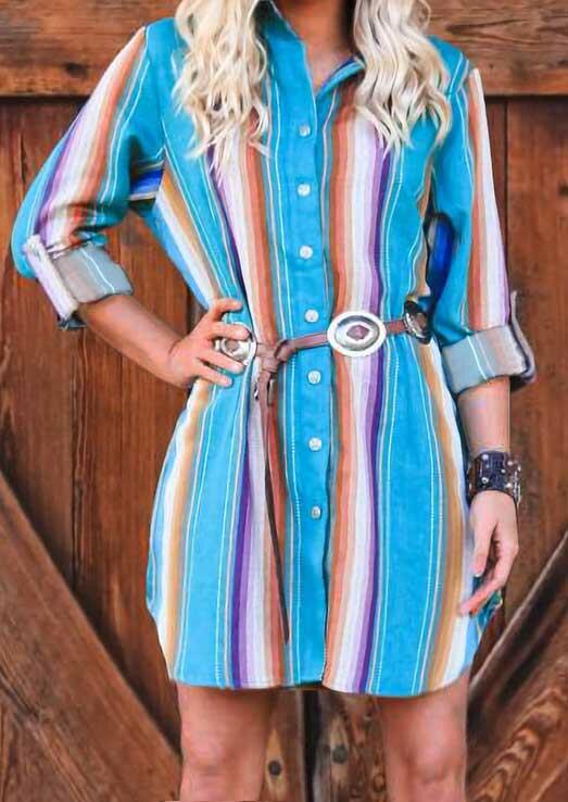 

Colorful Striped Button Shirt Mini Dress without Belt, Multicolor, 485481