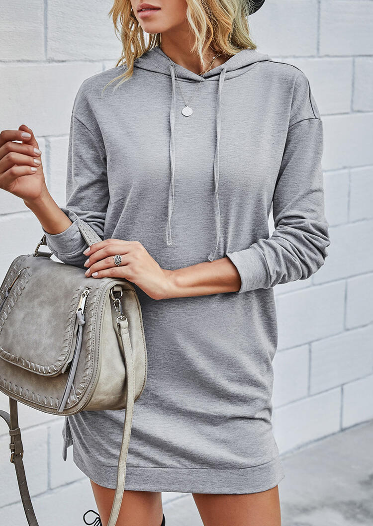 

Slit Pocket Drawstring Hooded Mini Dress - Gray, 485596