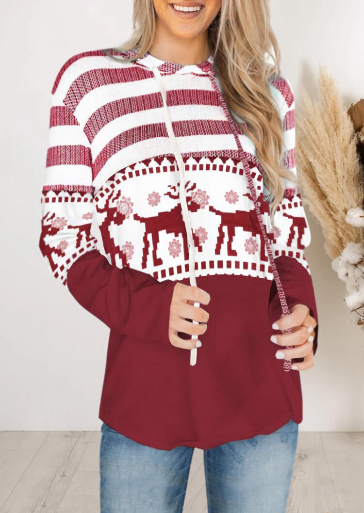 

Christmas Reindeer Mandala Striped Splicing Drawstring Hoodie - Red, 480925