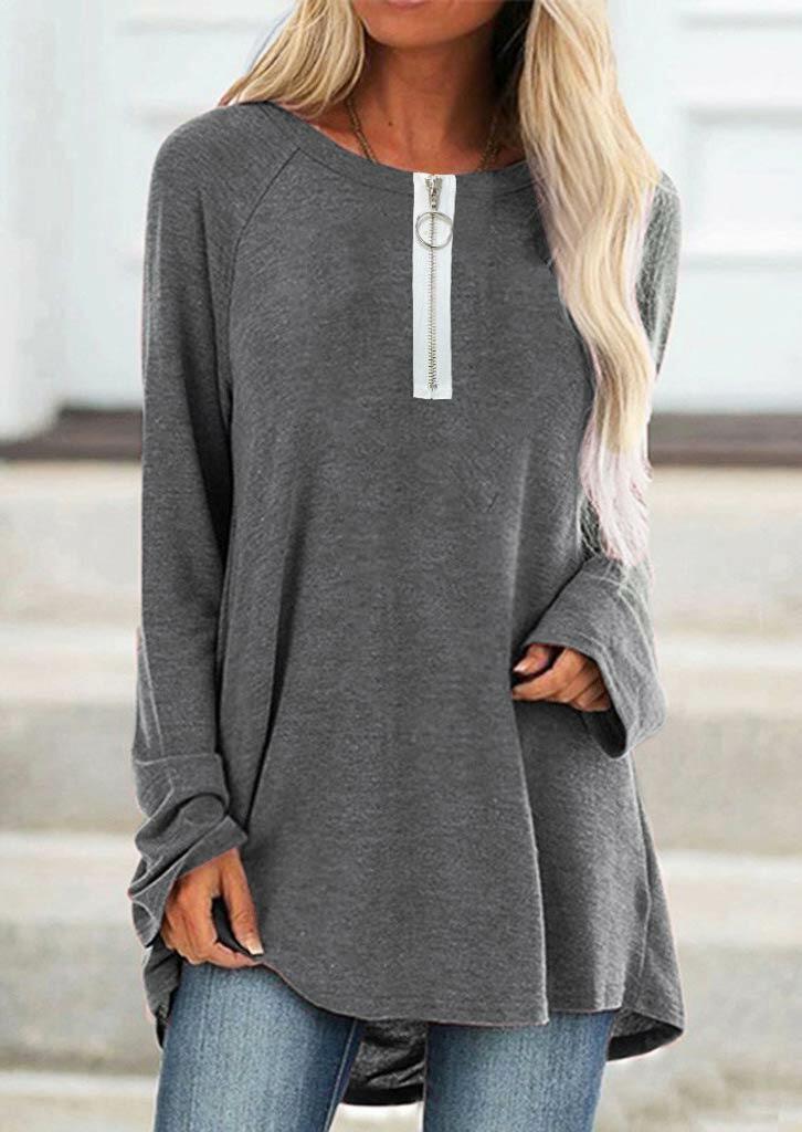 

Asymmetric Zipper Raglan Sleeve O-Neck Casual Blouse - Gray, 485455