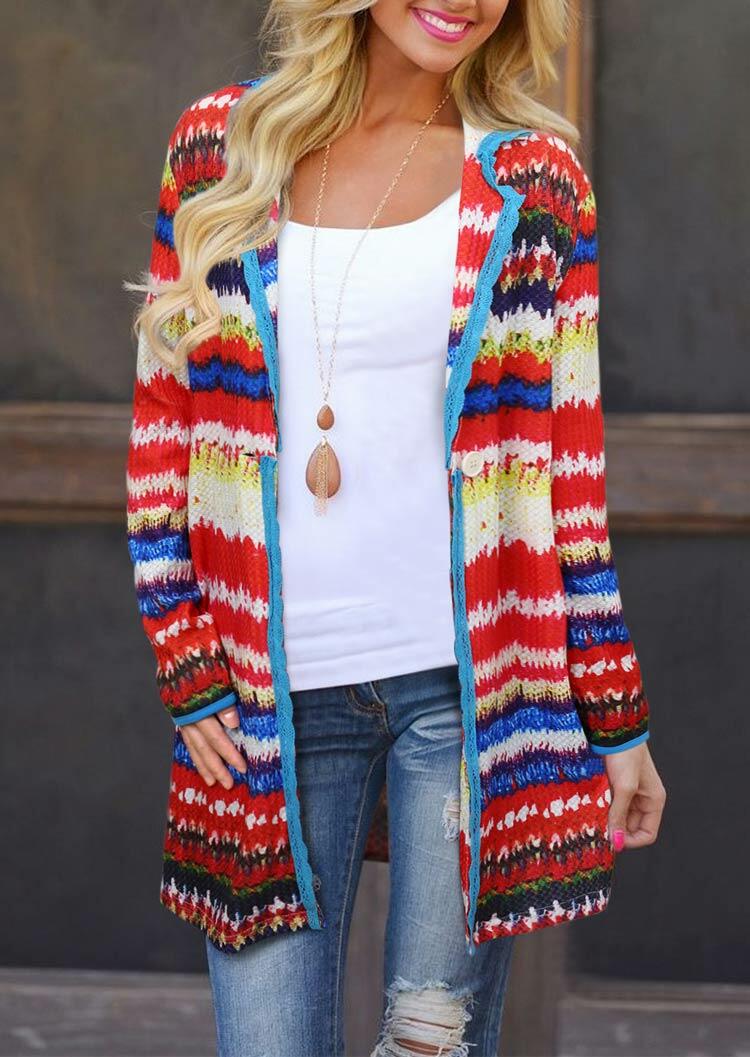 

Colorful Striped Button Long Sleeve Knitted Cardigan, Multicolor, 485458
