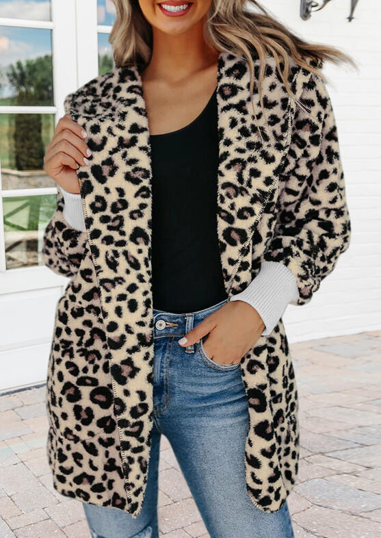 

Leopard Elastic Cuff Lapel Hooded Coat, 485474