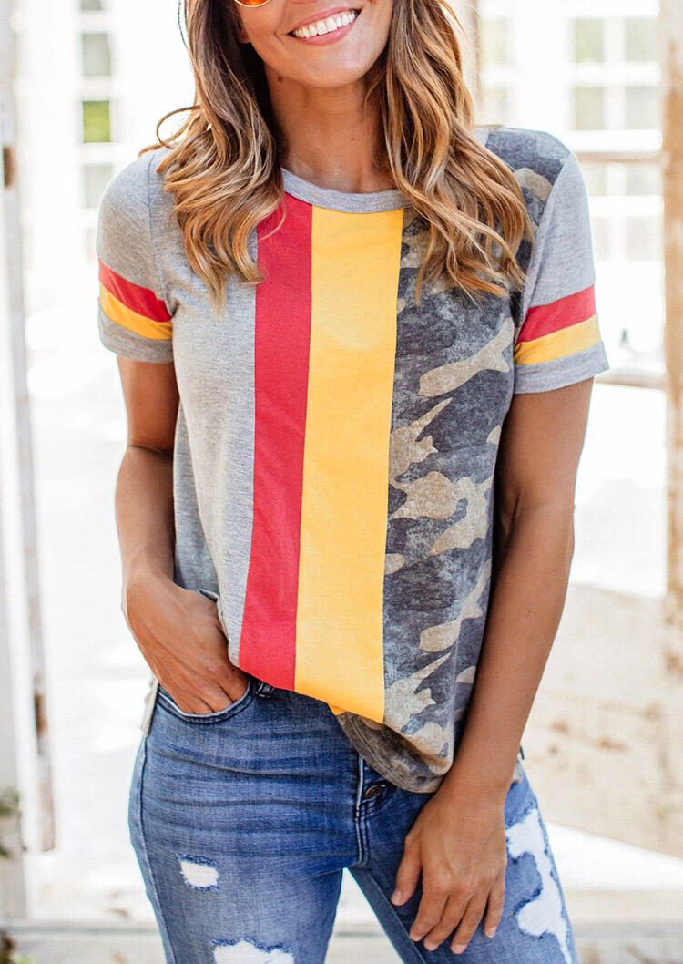 

Camouflage Striped Splicing O-Neck Blouse, Multicolor, 485531