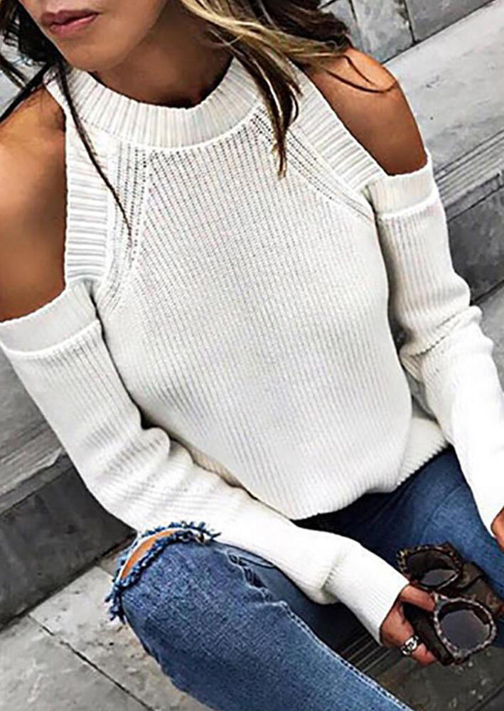 

Cold Shoulder Long Sleeve Knitted Sweater - White, 485534