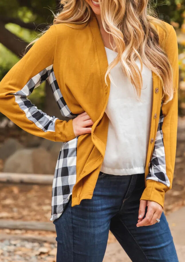 

Plaid Splicing Button Asymmetric Long Sleeve Cardigan - Yellow, 485535