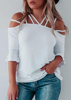 Hollow Out Cold Shoulder Ruffled Blouse