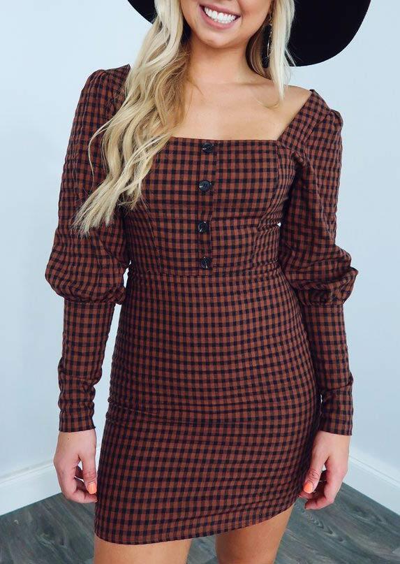 

Plaid Button Square Collar Long Sleeve Mini Dress, 485622