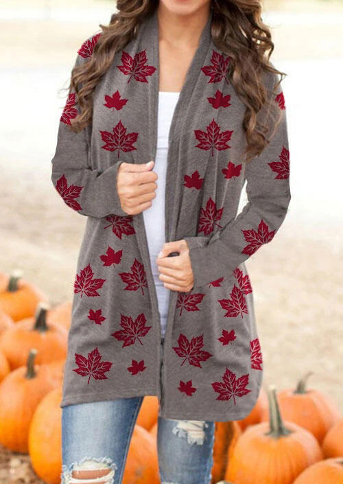 

Maple Leaf Long Sleeve Casual Cardigan - Coffee, Brown, 485632