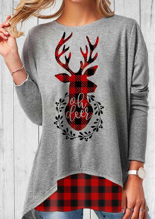 

Christmas Buffalo Plaid Splicing Reindeer Long Sleeve Blouse - Gray, 485636