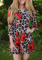 Rose Leopard V-Neck Three Quarter Sleeve Mini Dress