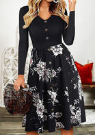 Floral Splicing Ruffled Button V-Neck Casual Dress