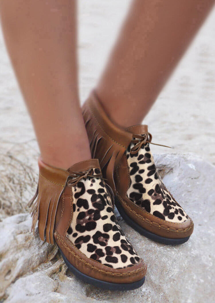 

Leopard Tassel Western Round Toe Flat Boots, 481390