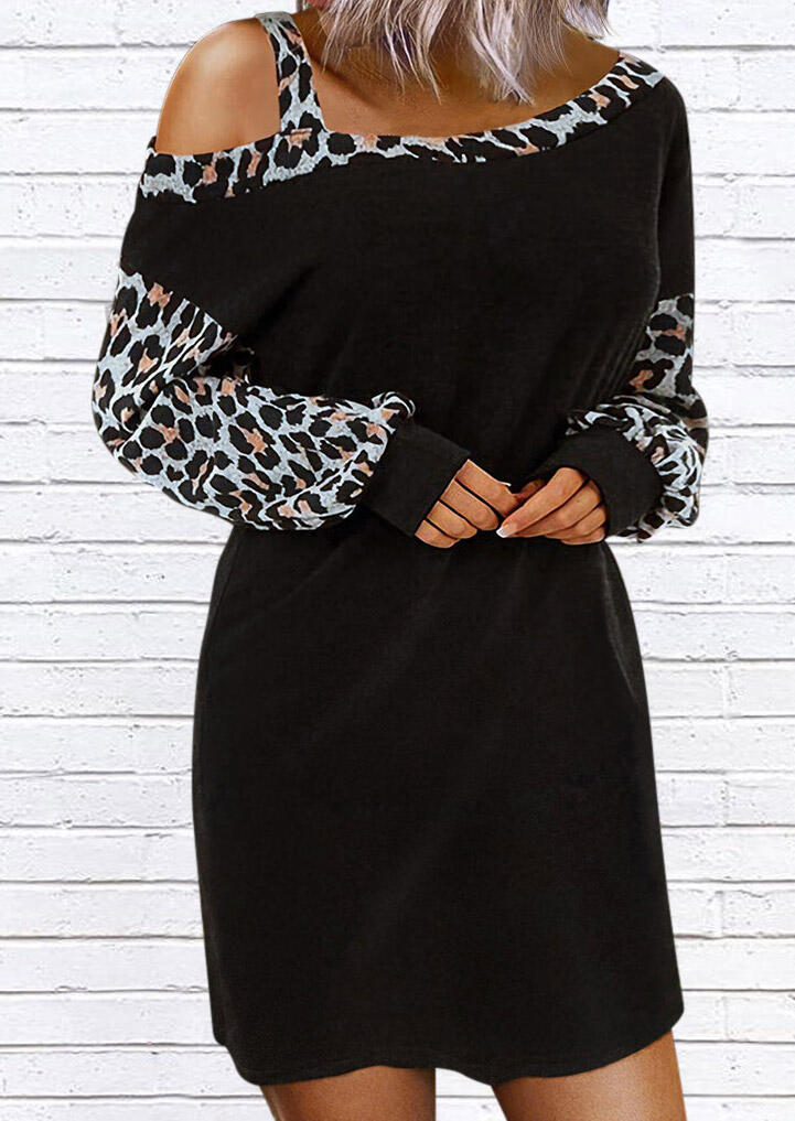 

Leopard Splicing One Sided Cold Shoulder Mini Dress - Black, 482971