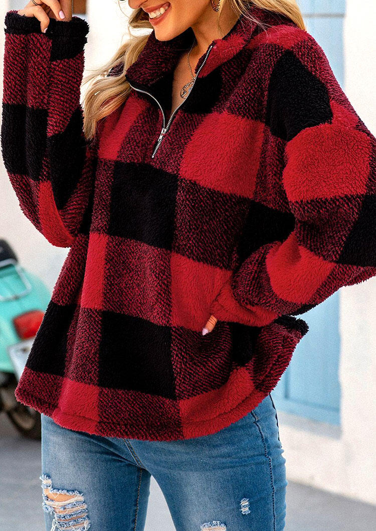 

Buffalo Plaid Zipper Collar Warm Plush Pullover Sweatshirt, 485173
