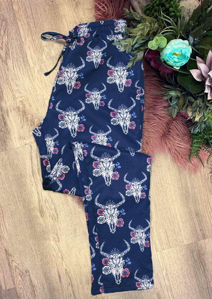 

Steer Skull Floral Drawstring Elastic Waist Casual Leggings - Blue, 485196