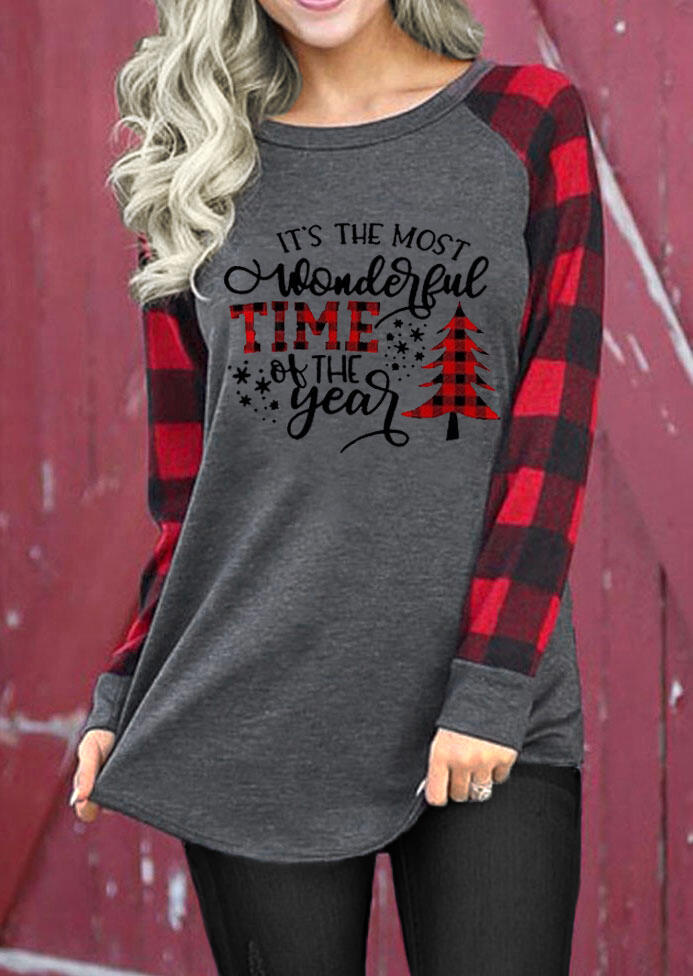 

Christmas Tree Buffalo Plaid Wonderful Time T-Shirt Tee - Dark Grey, 485465