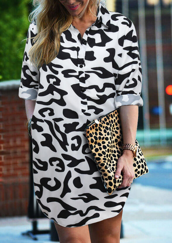 

Leopard Button Long Sleeve Asymmetric Mini Dress, 485471