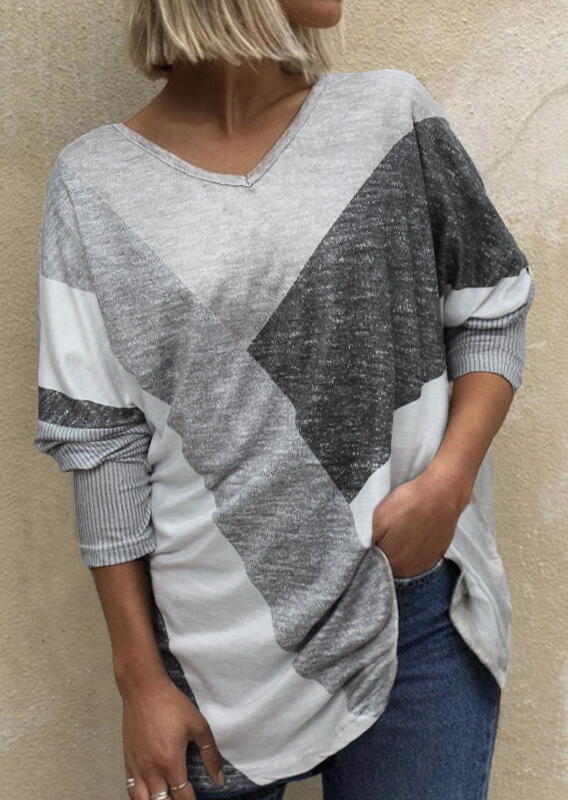 

Color Block Batwing Sleeve V-Neck Blouse - Grey, Light grey, 485492