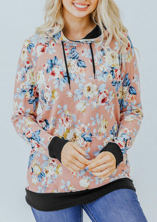 

Floral Drawstring Kangaroo Pocket Pullover Hoodie - Pink, 485507