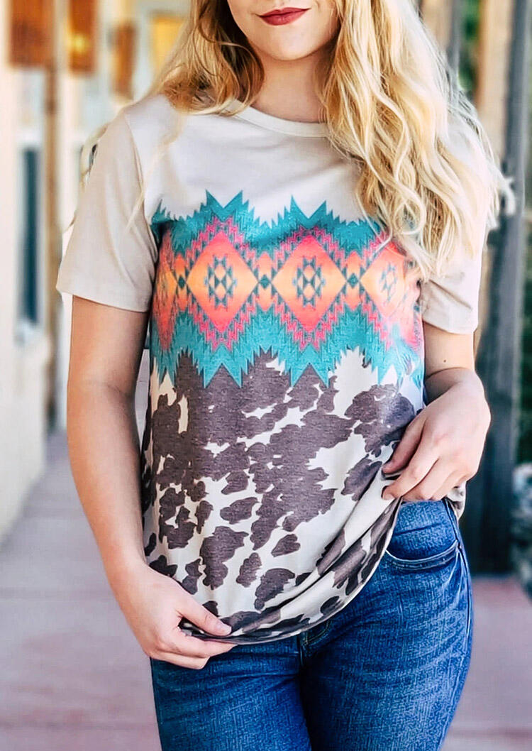 

Cow Aztec Geometric O-Neck Blouse, Multicolor, 485527