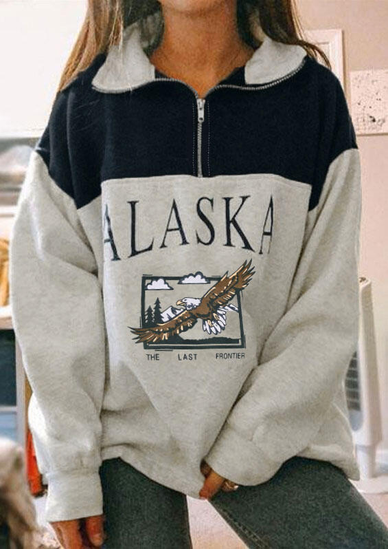 

Alaska The Last Frontier Eagle Zipper Collar Sweatshirt - Light Grey, 485579