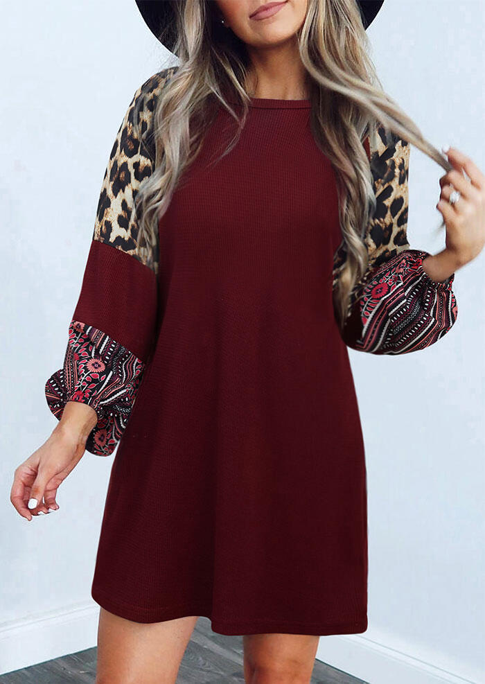 

Leopard Floral Splicing Elastic Cuff Mini Dress - Burgundy, 485623