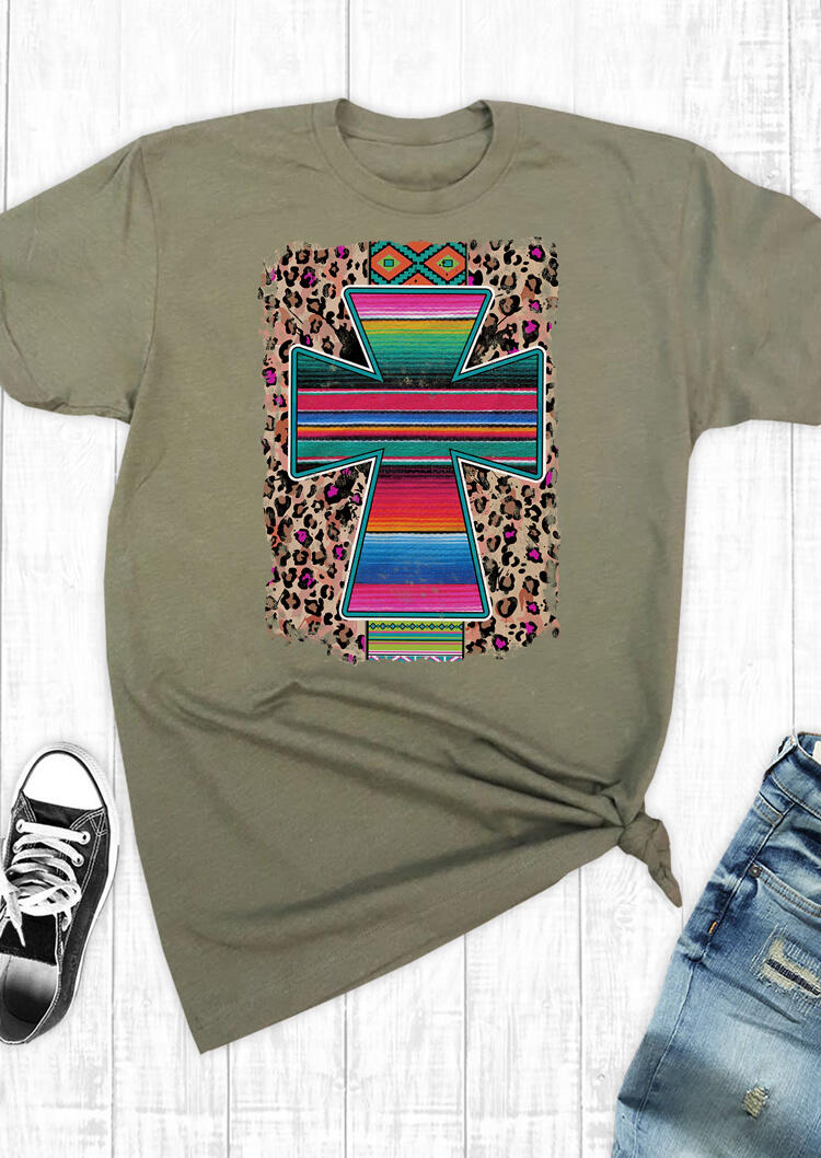 Serape Striped Cross Aztec Geometric Leopard T-Shirt Tee - Army Green