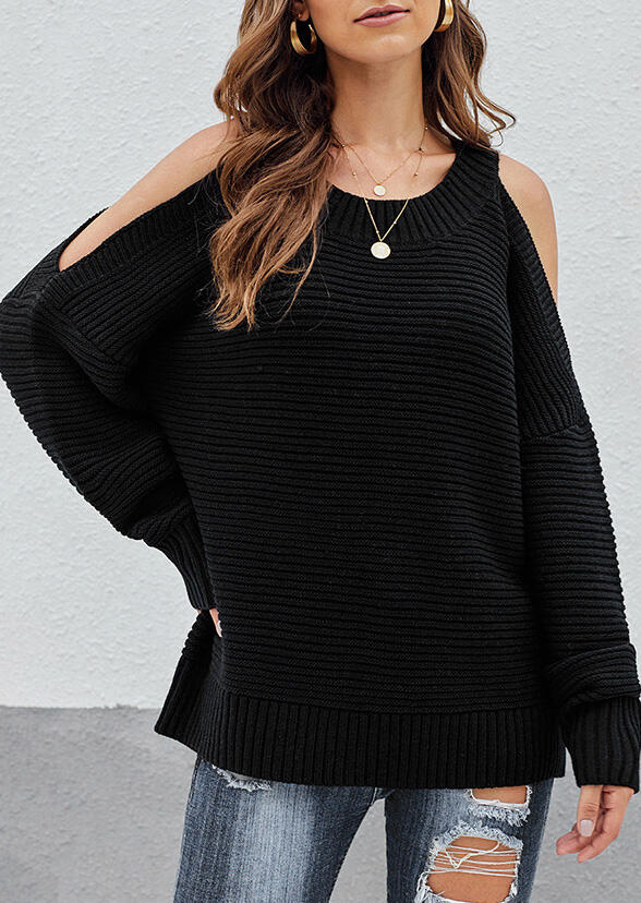 

Cold Shoulder Long Sleeve Loose Knitted Sweater - Black, 485642