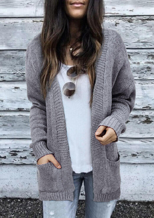 

Pocket Knitted Open Front Sweater Cardigan - Gray, 485667