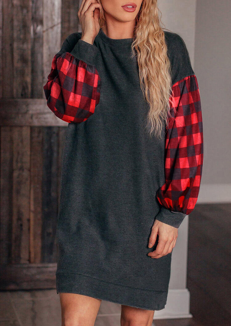 

Buffalo Plaid Lantern Sleeve Mini Dress - Dark Grey, 485673