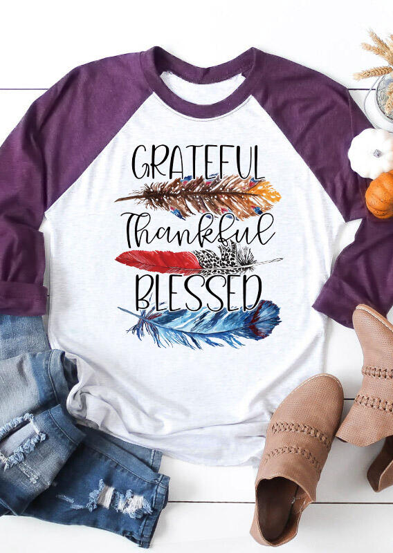 

Grateful Thankful Blessed Leopard Feather T-Shirt Tee - White, 485709