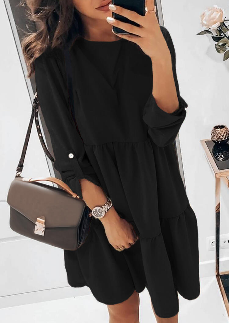 

Ruffled Button O-Neck Tab-Sleeve Mini Dress - Black, 485744