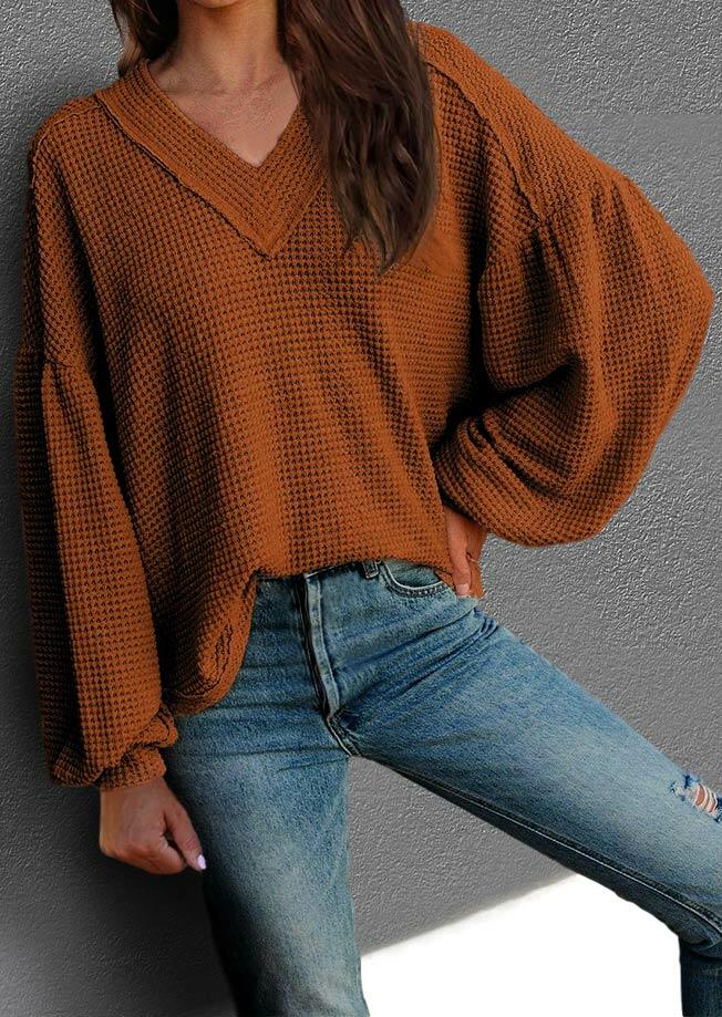 Lantern Sleeve V-Neck Loose Pullover Sweater - Brown - Bellelily