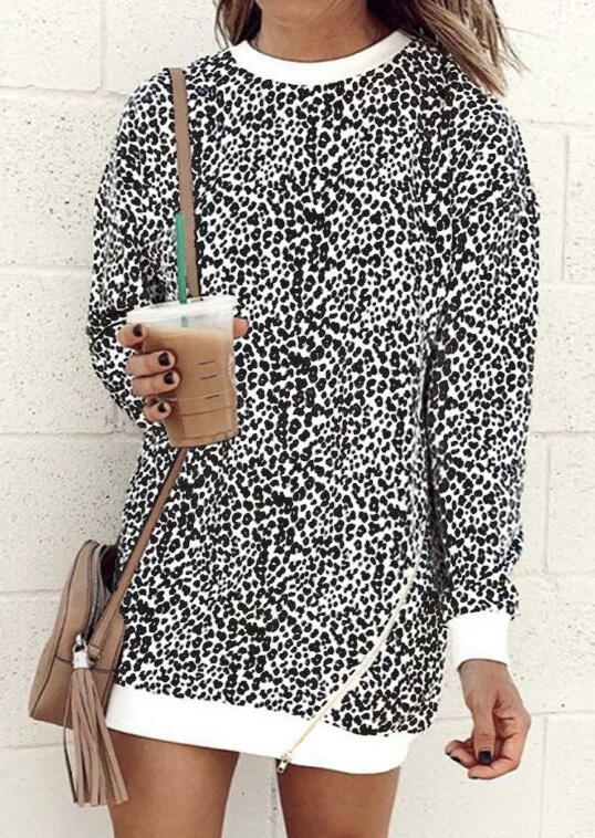 

Leopard Zipper Spliicng Long Sleeve Mini Dress, 485674