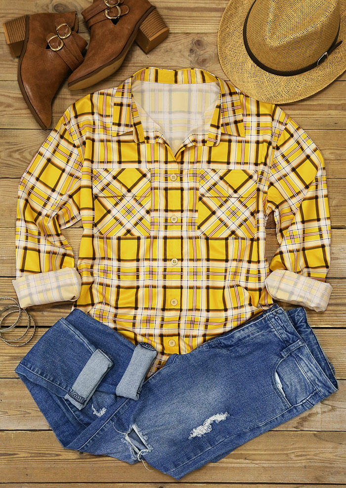 

Plaid Splicing Pocket Button Long Sleeve Shirt, 485737